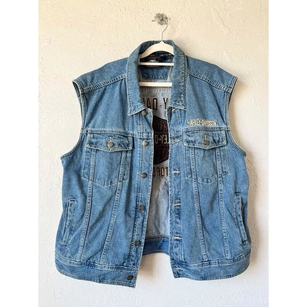 Harley Davidson Motorcycles Embroidered Denim Jean Vest Blue XL